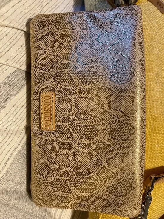 Consuela Taupe Snake-Print Crossbody with Colorful Woven Strap - Picture 1 of 6